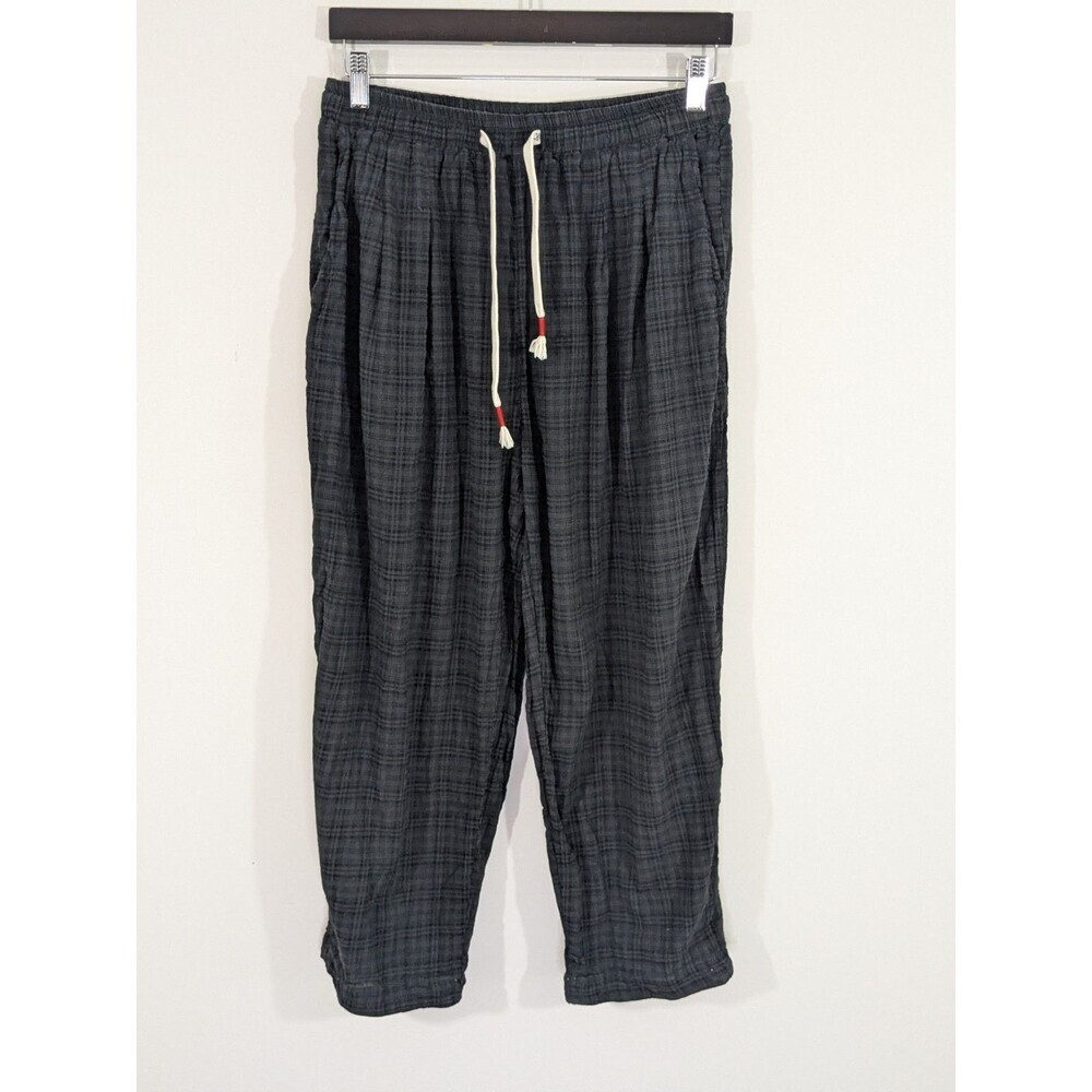 MR-DONOO Pants Unisex M Gray Black Grid Pattern Drawstring Casual Cropped Ankle